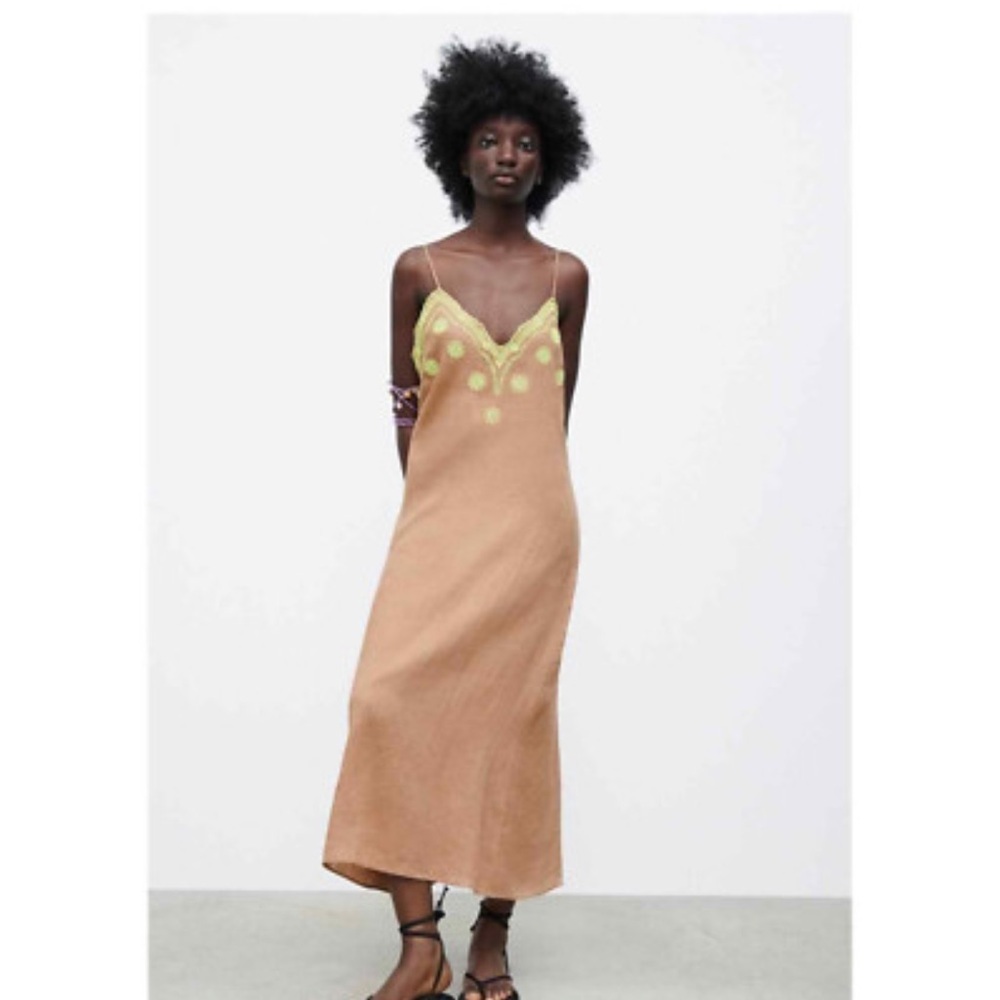 Zara Brown Linen Dress with Yellow Embroidery. Size XS